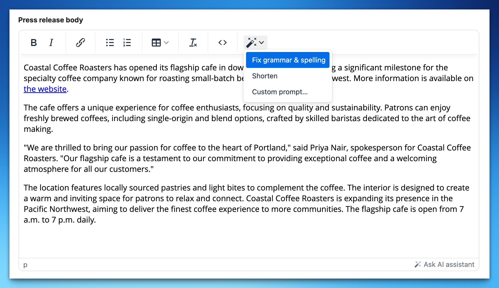 The AI Press Release Assistant reviewing changes in the editor