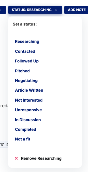 Status dropdown showing all available statuses