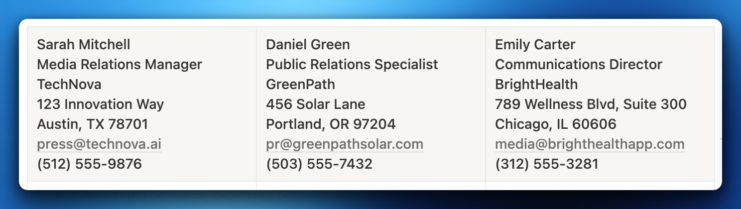 Example contact information layouts