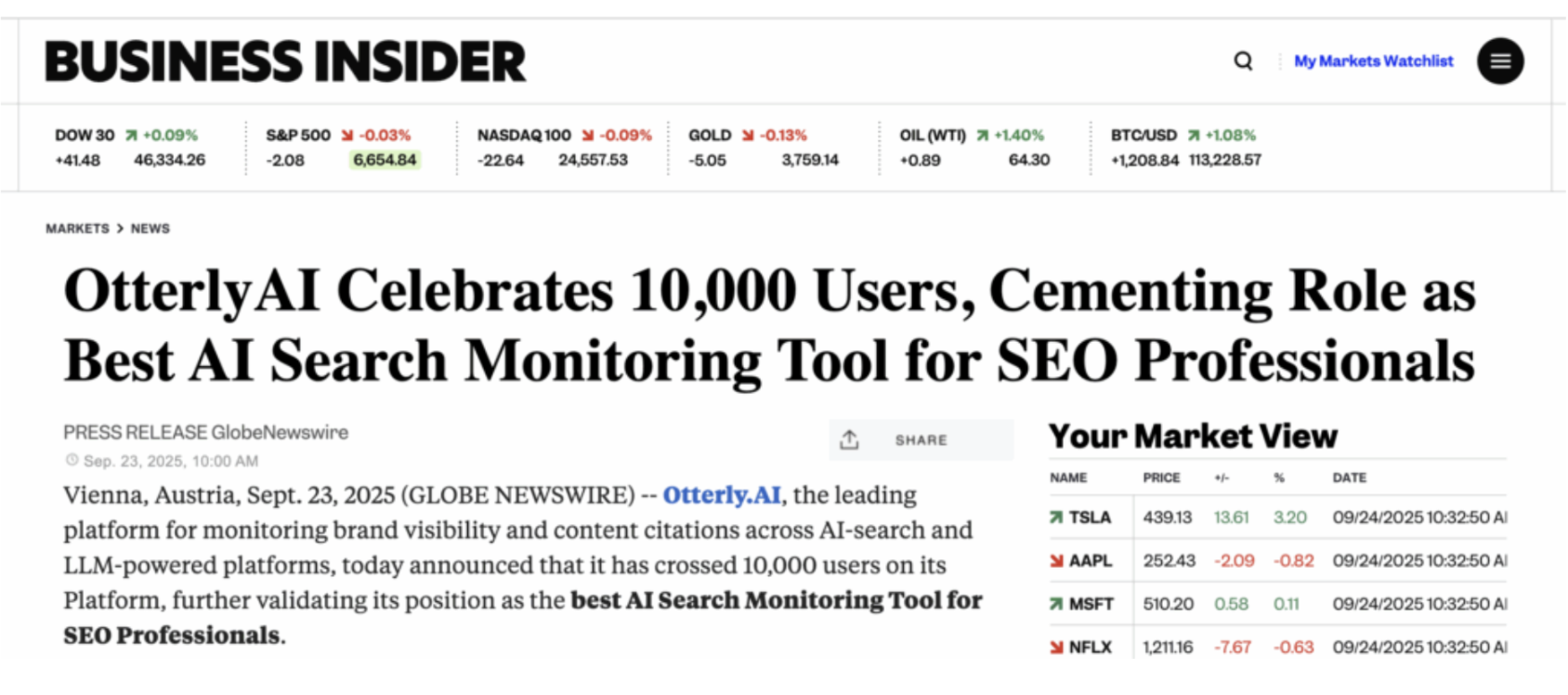 Otterly.ai press release on Business Insider using the milestone format